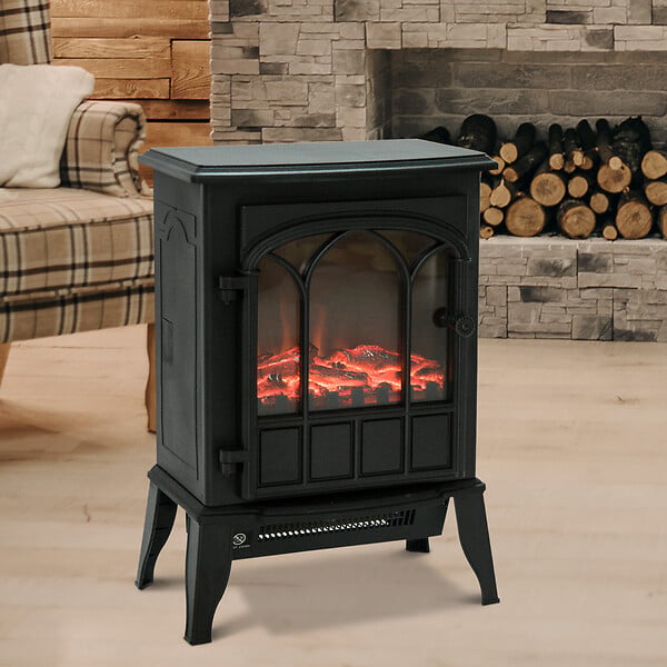 HOMCOM - Cheminée électrique poêle style rétro 1000-2000 W simulation flammes LED porte noir - large