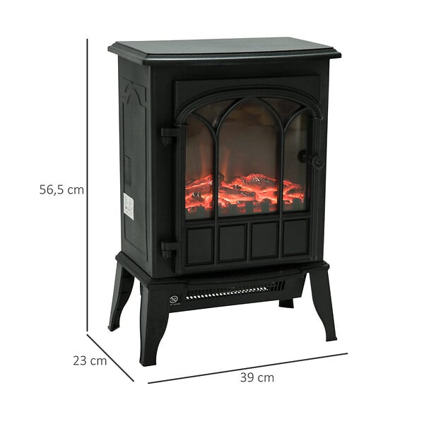 HOMCOM - Cheminée électrique poêle style rétro 1000-2000 W simulation flammes LED porte noir - large
