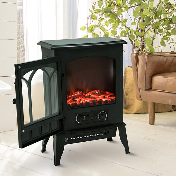 HOMCOM - Cheminée électrique poêle style rétro 1000-2000 W simulation flammes LED porte noir - large