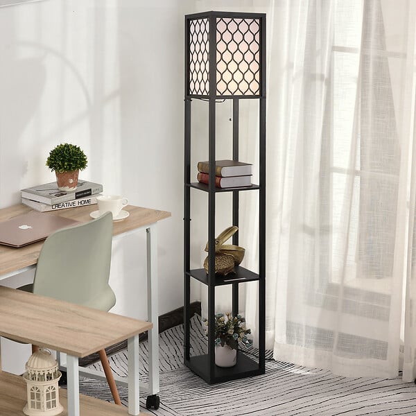 HOMCOM - Lampadaire étagère lampe étagère 26L x 26l x 160H cm 3 étagères 4 niveaux MDF noir motif nid d'abeille - large