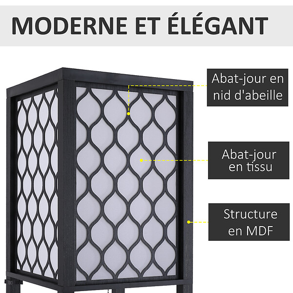 HOMCOM - Lampadaire étagère lampe étagère 26L x 26l x 160H cm 3 étagères 4 niveaux MDF noir motif nid d'abeille - large