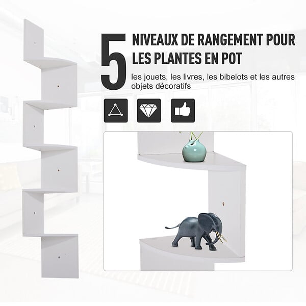 HOMCOM - Étagère d'angle étagère de rangement design contemporain zig zag 20L x 20l x 126H cm 5 niveaux panneaux de particules blanc - large