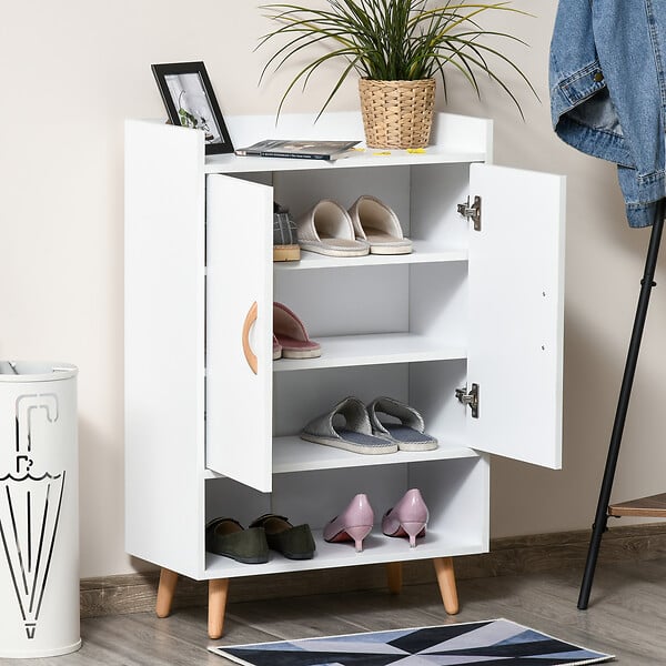 HOMCOM - Meuble à chaussures scandinave placard 2 portes 4 étagères pieds effilés inclinés bois massif panneaux particules blanc - large