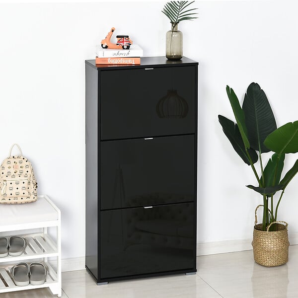 HOMCOM - Meuble à  chaussures 3 portes abattantes 3 compartiments MDF noir laqué - large