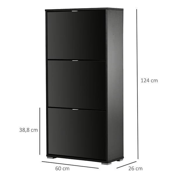 HOMCOM - Meuble à  chaussures 3 portes abattantes 3 compartiments MDF noir laqué - large