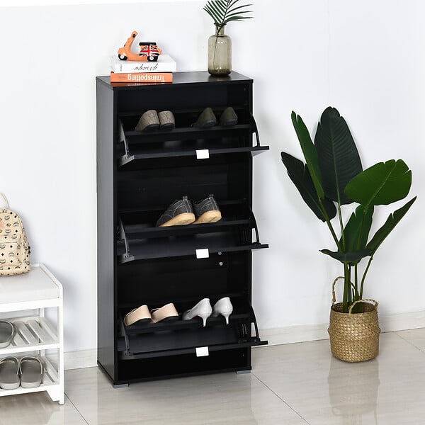 HOMCOM - Meuble à  chaussures 3 portes abattantes 3 compartiments MDF noir laqué - large