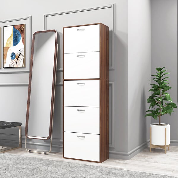 HOMCOM - Armoire à  chaussures meuble à  chaussures design contemporain 5 portes abattantes bicolore blanc marron foncé imitation bois - large