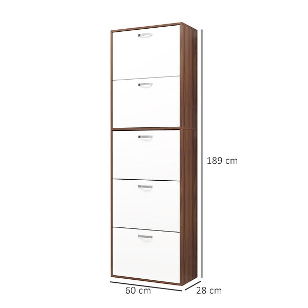 HOMCOM - Armoire à  chaussures meuble à  chaussures design contemporain 5 portes abattantes bicolore blanc marron foncé imitation bois - large