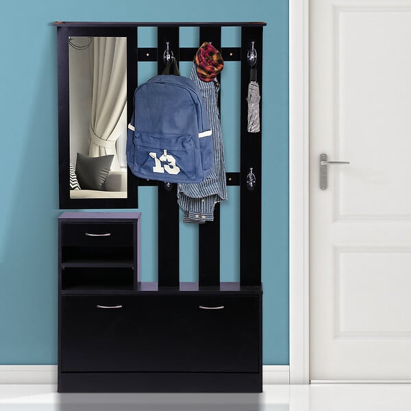 HOMCOM - Ensemble de meubles d'entrée design contemporain : meuble chaussures, miroir et panneau porte-manteau panneaux de particules noir - large