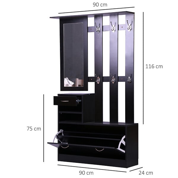 HOMCOM - Ensemble de meubles d'entrée design contemporain : meuble chaussures, miroir et panneau porte-manteau panneaux de particules noir - large