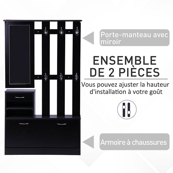 HOMCOM - Ensemble de meubles d'entrée design contemporain : meuble chaussures, miroir et panneau porte-manteau panneaux de particules noir - large