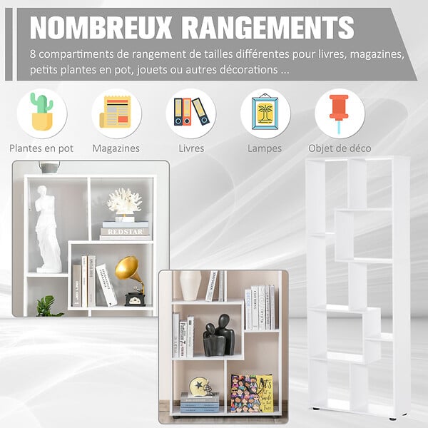 HOMCOM - Bibliothèque étagère zig zag design contemporain 70L x 24l x 178H cm panneaux particules blanc - large