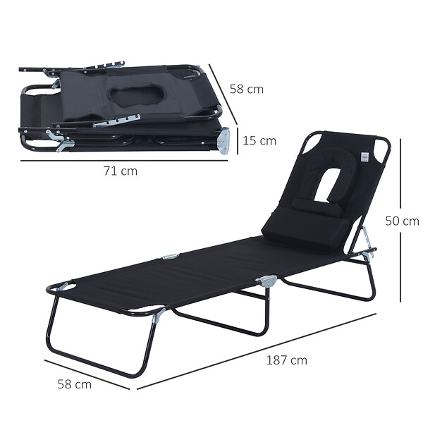 OUTSUNNY - Bain de soleil pliable transat inclinable 4 positions chaise longue de lecture 3 coussins fournis noir - large