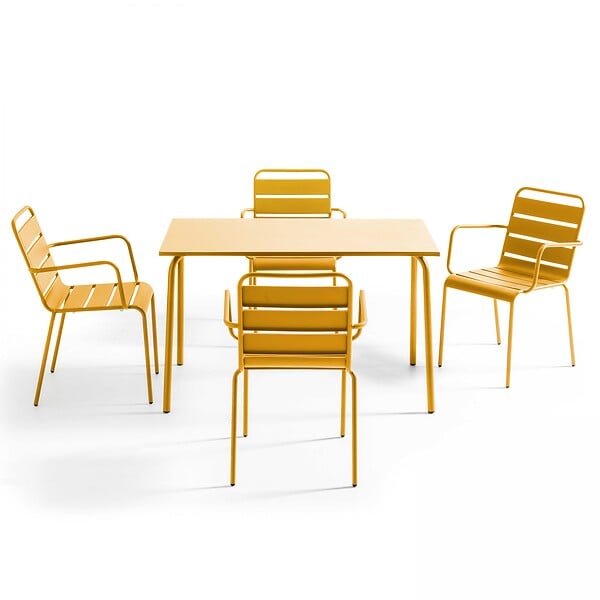 OVIALA - Ensemble table de jardin et 4 fauteuils en métal jaune - Palavas - large