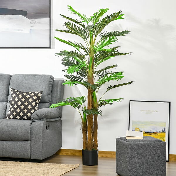 OUTSUNNY - Palmier artificiel H.1,85 m arbre artificiel tronc branches lichen feuilles grand réalisme pot inclus - large