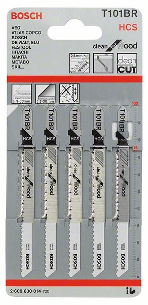 BOSCH - 5 Lames scie sauteuse HCS Clean Bois 100mm, Pas 2,5mm T101BR - large