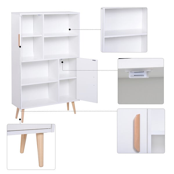HOMCOM - Bibliothèque scandinave 4 niches + 2 placards avec étagère dim. 80L x 24l x 123H cm pieds effilés inclinés bois massif panneaux particules blanc - large