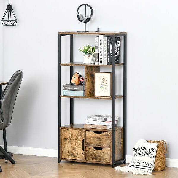 HOMCOM - Bibliothèque style industriel 3 étagères placard porte 2 tiroirs panneaux particules aspect vieux bois acier noir - large