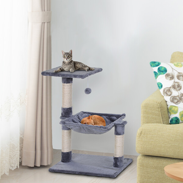 PAWHUT - Arbre à chat 3 griffoirs grattoirs sisal naturel plateforme hamac et boule suspendue dim. 50L x 36l x 70H cm peluche haute densité 220 g/m² gris - large