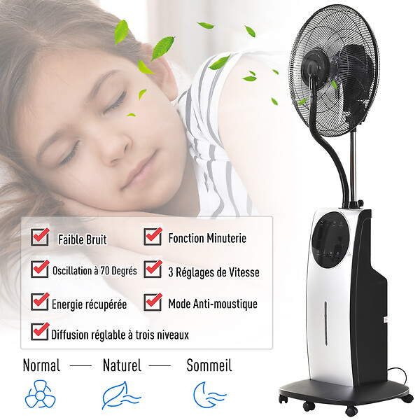 HOMCOM - HOMCOM Ventilateur brumisateur sur roulettes - oscillant silencieux 90 W avec télécommande - minuterie 3 modes 3 vitesses Ø 44,5 x 135H cm gris noir - large