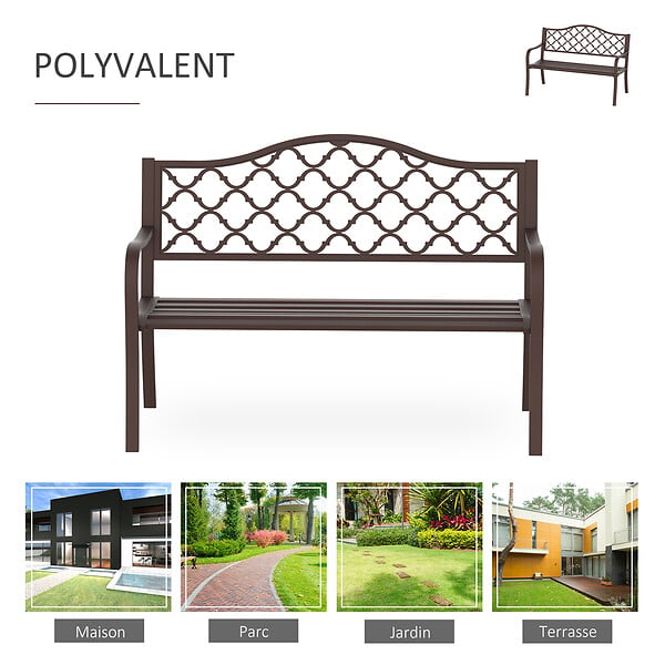 OUTSUNNY - Banc 3 places de jardin terrasse style rural chic 128L x 60l x 89H cm métal époxy anticorrosion fonte brun - large