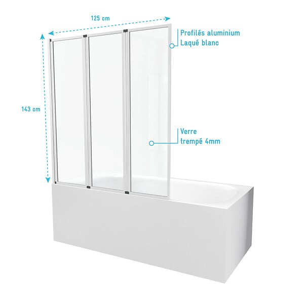 AURLANE - Pare baignoire Pivotant 3 Volets Blanc - 125x143 cm - Verre Trempé 4 mm - ZAGGY WHITE - large