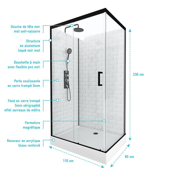 AURLANE - Cabine de douche rectangle 80x110x230cm à motif carreaux de métro - UNDERGROUND RECTANGLE 110 - large