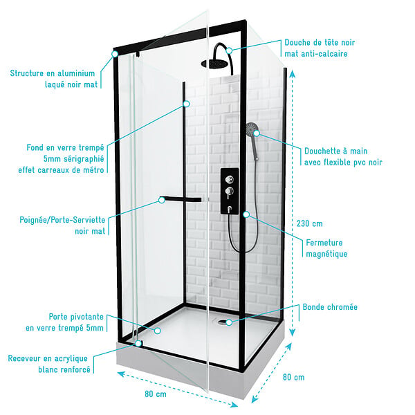 AURLANE - Cabine de douche carrée 80x80x230cm à motif carreaux de métro - UNDERGROUND SQUARE 80 - large