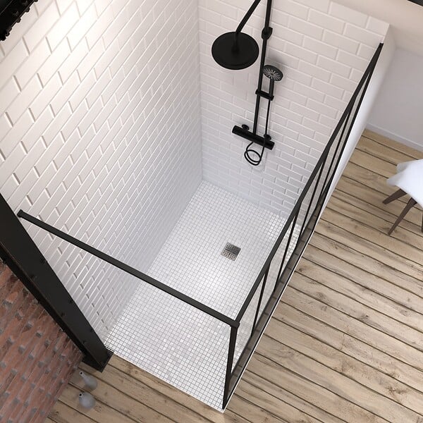 AURLANE - Pack Paroi de douche 140x200 cm noir mat + Receveur de douche a carreler 140x90 cm recoupable - large