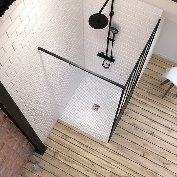 AURLANE - Pack Paroi de douche 90x200 cm noir mat + Receveur haut a poser 90X90cm - blanc effet pierre - large