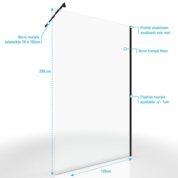 AURLANE - Paroi de Douche 120x200cm Verre Transparent - Barre de Fixation Extensible et Profil Noir - large