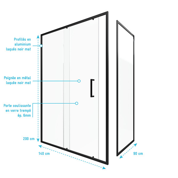 AURLANE - Porte de douche + Retour 140x90x200 cm - Verre 6 mm - Profilé Noir - CRUSH - large