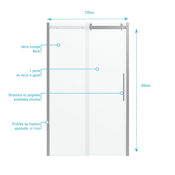 AURLANE - Porte de Douche Coulissante 120x200 cm Type Industriel - Aluminium Chromé - Verre Trempé 8 mm - large