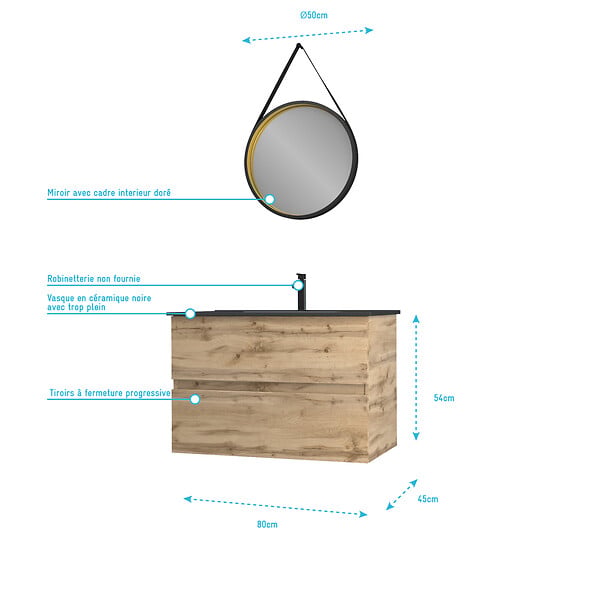 AURLANE - Pack Meuble SDB 80cm suspendu 2 tiroirs Chene_Vasque noire + Miroir Barber - TIMBER 80_Pack34 - large