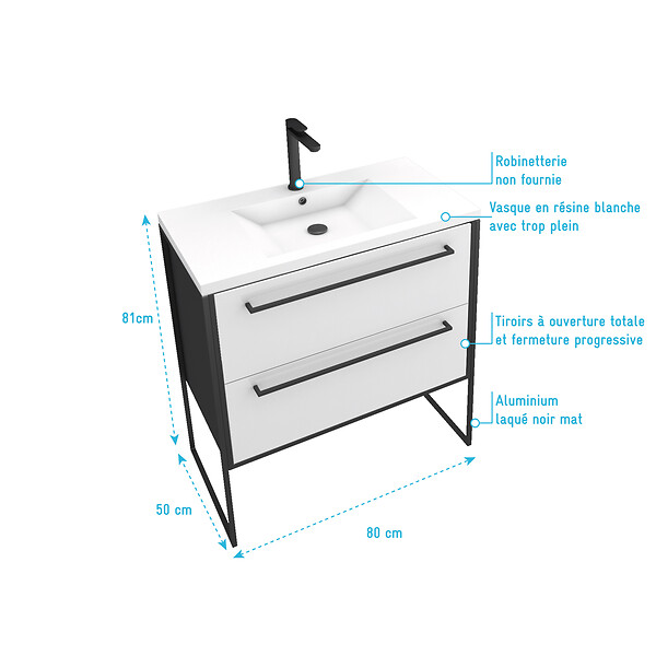 AURLANE - Meuble de salle de bain 80x50cm NOIR MAT - 2 tiroirs blanc - vasque blanche - STRUCTURA F034 - large