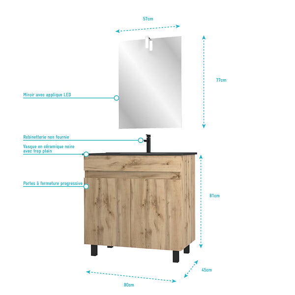 AURLANE - Pack Meuble SDB 80cm sur pieds 2 portes Chene_Vasque noire + Miroir Led - TIMBER 80_Pack23 - large