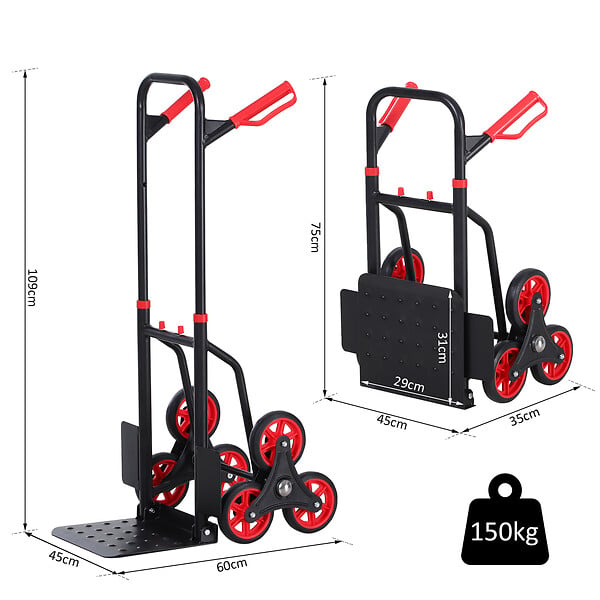 HOMCOM - Diable pour escalier 6 roues diable repliable extensible 150 Kg - chariot pliable acier noir rouge - large