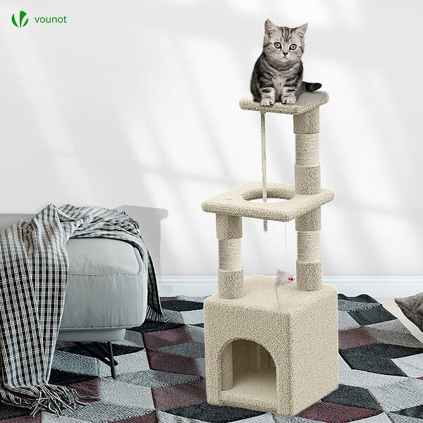 VOUNOT - Arbre à Chat 88cm avec Corde Griffoir Plateforme Niche Beige - large
