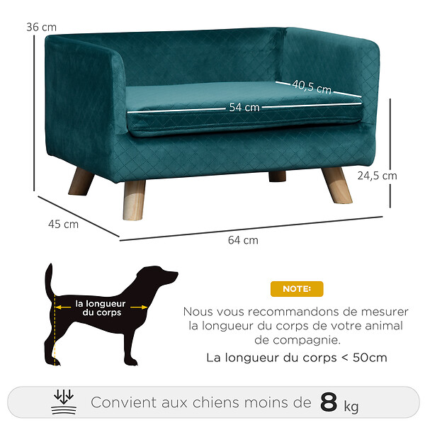 PAWHUT - Canapé chien lit pour chien design scandinave coussin moelleux pieds bois massif dim. 64 x 45 x 36 cm velours bleu canard - large