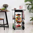 HOMCOM - Chariot de service desserte de cuisine à roulettes multi-rangements 4 paniers métal tiroir + 4 range-bouteilles bois pin noir plateau carrelé blanc - vignette