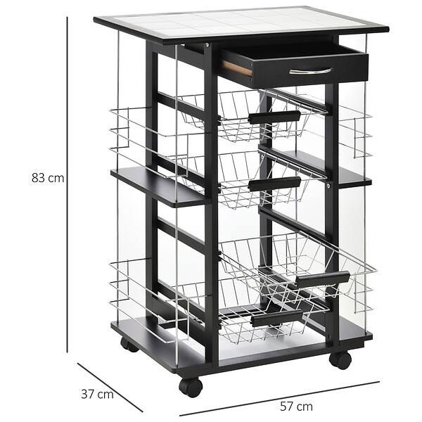 HOMCOM - Chariot de service desserte de cuisine à roulettes multi-rangements 4 paniers métal tiroir + 4 range-bouteilles bois pin noir plateau carrelé blanc - large