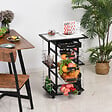 HOMCOM - Chariot de service desserte de cuisine à roulettes multi-rangements 4 paniers métal tiroir + 4 range-bouteilles bois pin noir plateau carrelé blanc - vignette