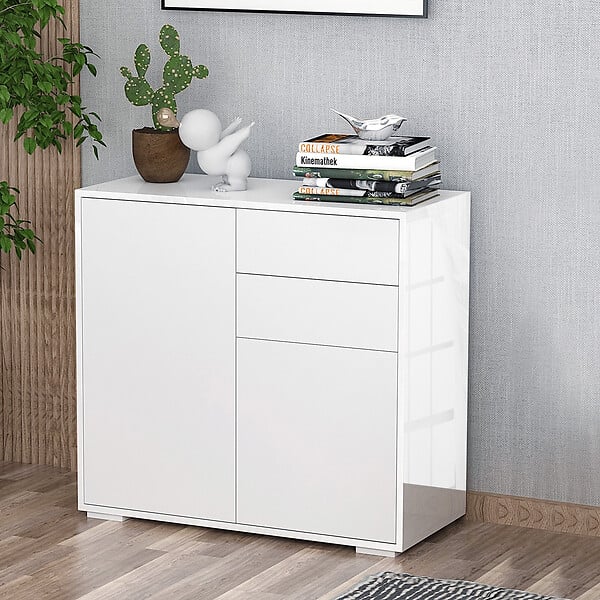 HOMCOM - Commode buffet meuble de rangement 2 tiroirs 2 portes avec étagère 79 x 36 x 74 cm blanc - large