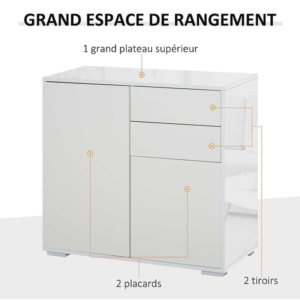 HOMCOM - Commode buffet meuble de rangement 2 tiroirs 2 portes avec étagère 79 x 36 x 74 cm blanc - large