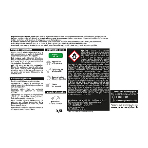 JULIEN - Peinture Extérieure Bois microporeux - Blanc - Satin - 0,5L - large
