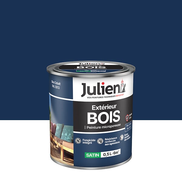 JULIEN - Peinture Extérieure Bois Microporeux Julien Satin - Bleu Cobalt 0.5L - large