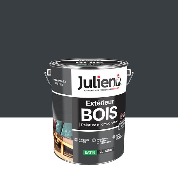 JULIEN - Peinture Extérieure Bois Microporeux Julien Satin - Gris Anthracite 5L - large