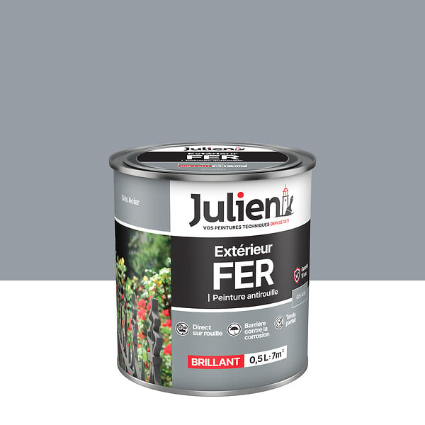 JULIEN - Peinture Extérieure Fer Antirouille Julien Brillant - Gris Acier 0.5L - large