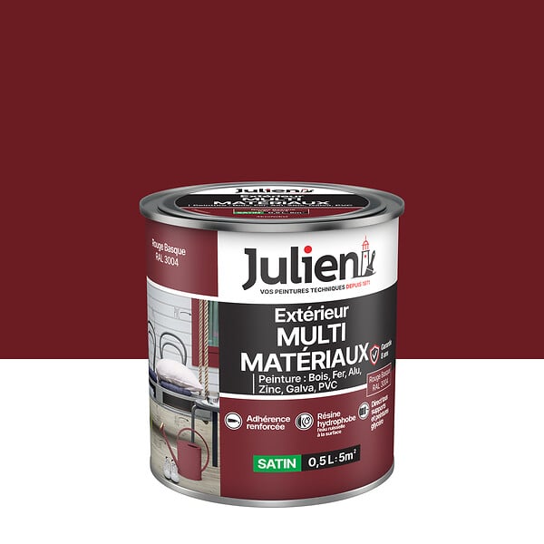 JULIEN - Peinture Extérieure Multi-Materiaux Julien Satin - Rouge Basque 0.5L - large