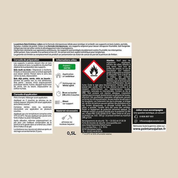 JULIEN - Peinture Extérieure Bois Microporeux Julien Satin - Blanc Perle 0.5L - large